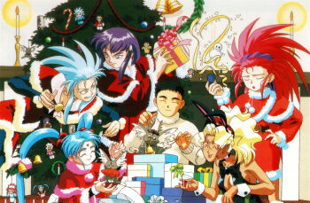 1990s_(style) 6+girls aqua_hair blonde_hair blue_eyes cabbit carrot christmas christmas_ornaments christmas_tree dark-skinned_female dark_skin double_bun dress drink hair_bun hakubi_washuu high_ponytail holding holding_drink kuramitsu_mihoshi long_hair makibi_kiyone masaki_aeka_jurai masaki_sasami_jurai multiple_girls non-web_source official_art pink_hair ponytail purple_hair red_eyes retro_artstyle ryou-ouki ryouko_(tenchi_muyou!) santa_costume santa_dress short_hair sitting smile sweater tenchi_muyou! tenchi_muyou!_uchuu_hen yellow_eyes
