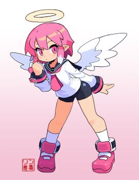 angel angel_boy angel_halo angel_wings crossdressing femboy japanese_clothes kuu pink_eyes pink_hair sailor_fuku school_uniform shorts shota trap wings