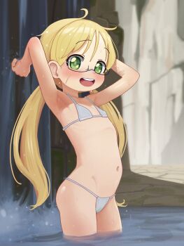 1girl 4th_lol :d absurdres armpits arms_up bikini black-framed_eyewear blonde_hair blush commentary commission english_commentary facial_scar flat_chest glasses green_eyes highres large_variant_set loli long_hair looking_at_viewer made_in_abyss navel open_mouth pixiv_commission riko_(made_in_abyss) scar scar_on_cheek scar_on_face semi-rimless_eyewear smile solo string_bikini swimsuit teeth twintails under-rim_eyewear upper_teeth_only variant_set very_long_hair wading water waterfall white_bikini