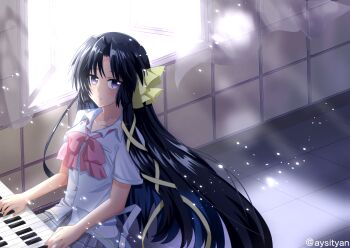 1girl black_hair blush bow breasts collared_shirt hair_ornament hair_ribbon indoors instrument key_(company) keyboard_(instrument) kurugaya_yuiko large_breasts light_particles little_busters! little_busters!_school_uniform long_hair looking_at_viewer music piano piano_bench piano_keys pink_bow plaid_clothes plaid_skirt playing_instrument playing_piano purple_eyes ribbon sai_(aysityan) school_uniform shirt skirt solo very_long_hair white_shirt window window_blinds