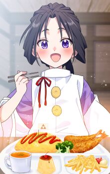 Rule 34 | 1boy, black hair, blush, flag, food, french fries, highres, houjou tokiyuki (nige jouzu no wakagimi), japanese clothes, kariginu, ketchup, long hair, long sleeves, male focus, mini flag, nige jouzu no wakagimi, okosama lunch, okurarebito, omelet, omurice, open mouth, ponytail, pudding, purple eyes, shrimp, shrimp tempura, smile, solo, tempura, very long hair, wide sleeves