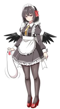 1girl :/ absurdres alternate_costume apron artist_self-insert back_bow bird_wings black_dress black_wings blush bow brown_hair brown_pantyhose closed_mouth commentary dress enmaided highres juliet_sleeves long_sleeves maid maid_headdress medium_hair necktie pantyhose puffy_sleeves red_eyes red_shoes rise_(rise19851203) shameimaru_aya shoes simple_background solo sweatdrop touhou waist_apron white_apron white_background white_bow wings yellow_necktie