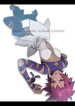 1girl arm_ribbon birthday black_border black_nails blue_ribbon blue_shoes blue_thighhighs border breasts cleavage collarbone d.gray-man dark-skinned_female dark_skin dress english_text eyeshadow facial_mark forehead_mark happy_birthday highres koshian_(mruc9) legs lipgloss lips looking_to_the_side lying makeup messy_hair neck_ribbon noah_(d.gray-man) on_back parted_bangs pink_lips purple_eyeshadow purple_hair ribbon road_kamelot shoes short_dress short_hair shoulder_ribbon sidelocks simple_background sleeveless sleeveless_dress small_breasts solo spiked_hair strapless strapless_dress thighhighs thighs torn_clothes torn_thighhighs upside-down white_background white_dress yellow_eyes