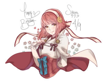 1girl character_name dated fire_emblem fire_emblem_fates hairband happy_birthday japanese_clothes krazehkai looking_at_viewer nintendo pink_eyes pink_hair sakura_(fire_emblem) smile solo white_hairband