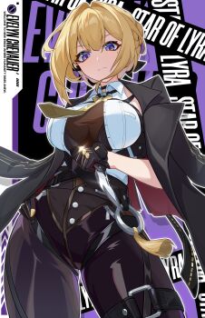 1girl absurdres arm_strap black_background black_coat black_pants blonde_hair bodystocking breasts character_name chest_harness cjkpsea closed_mouth coat coat_on_shoulders commentary_request cowboy_shot earpiece evelyn_chevalier gloves hair_intakes half_gloves harness high-waist_pants highres holding holding_knife knife large_breasts latex_pants long_ribbon looking_at_viewer mole mole_under_eye necktie pants purple_background purple_eyes see-through_clothes shirt single_half_glove sleeveless sleeveless_shirt solo tight_clothes tight_pants two-tone_background white_shirt yellow_necktie zenless_zone_zero