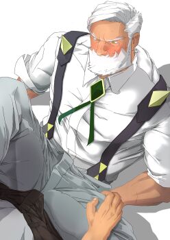 >:( 2boys bara beard black_pants blush bulge bulge_press bulges_touching collared_shirt commentary cross_tie drayden_(pokemon) facial_hair full_beard green_cross_tie grey_pants hand_on_another's_thigh highres invisible_floor knee_up multiple_boys muscular muscular_male nintendo old old_man pants pokemon pokemon_bw pov pov_crotch shadow shirt short_hair shumeru_hito_(a_sumerian0112) sideburns sitting sleeves_rolled_up suspenders symbol-only_commentary v-shaped_eyebrows white_background white_beard white_hair white_shirt wrinkled_skin yaoi yellow_eyes