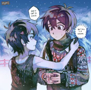 Rule 34 | 2boys, \||/, absurdres, adjusting another's clothes, antenna hair, artist name, bare arms, bare shoulders, black eyes, black hair, black nails, black scarf, black sweater, black tank top, christmas sweater, clenched teeth, closed mouth, colored skin, cup, dual persona, earrings, empty eyes, english text, eye contact, fence, food, from behind, from side, hands up, highres, holding, holding cup, hot chocolate, jewelry, jitome, long sleeves, looking at another, male focus, marshmallow, merchandise, mountain, multiple boys, nail polish, no pupils, omori, omori (omori), outdoors, patterned clothing, profile, remi (mozzaremi), scarf, sleeves past wrists, snow, snowing, something (omori), speech bubble, stud earrings, sunny (omori), sweatdrop, sweater, tank top, teeth, turtleneck, turtleneck sweater, upper body, white skin, wooden fence