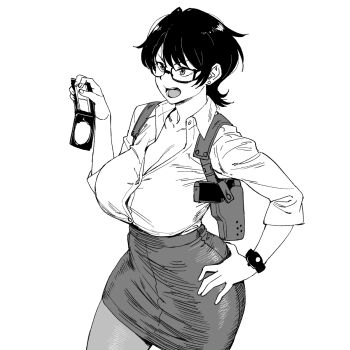 1girl bracelet breasts collarbone commentary_request feet_out_of_frame glasses gun hand_on_own_hip highres jewelry large_breasts monochrome onsen_tamago_(hs_egg) open_mouth original police police_badge police_uniform policewoman shirt short_hair skirt solo standing weapon white_shirt