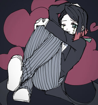 1boy absurdres aqua_eyes asymmetrical_bangs black_background black_hair black_jacket buttons coattails colored_tips commentary_request demon_boy enmu_(kimetsu_no_yaiba) facial_mark full_body grey_pants grin hand_on_own_head hand_on_own_knee heart heart_background highres invisible_floor jacket kimetsu_no_yaiba long_sleeves looking_at_viewer male_focus medium_hair misplaced_mouth multicolored_hair naka_(6tc3y) one_eye_closed open_mouth pants pinstripe_pants pinstripe_pattern shoe_soles shoes sitting smile solo suit_jacket symbol-shaped_pupils tailcoat tears_facial_mark teeth trap undershirt upper_teeth_only white_shoes