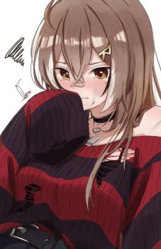 1girl alternate_hairstyle bandaid bandaid_on_face bandaid_on_nose belt black_sweater blush chain chain_necklace choker crying daikon_keroi emo_fashion hair_down hair_ornament hairclip heart heart_choker highres hololive hololive_english jewelry lace-trimmed_choker lace_trim looking_at_viewer multicolored_hair nanashi_mumei nanashi_mumei_(emo) necklace red_sweater rubbing_nose sleeves_past_fingers sleeves_past_wrists squiggle streaked_hair striped_clothes striped_sweater sweater tearing_up torn_clothes torn_sweater two-tone_sweater virtual_youtuber