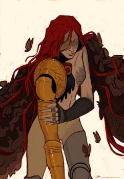 1girl black_butterfly breasts bug butterfly chinese_commentary closed_eyes closed_mouth commentary_request decaying_skin dingnin98201637 elden_ring gauntlets hand_on_own_arm highres insect long_hair malenia_blade_of_miquella malenia_goddess_of_rot mechanical_arms mechanical_legs nude red_hair single_breast single_gauntlet single_mechanical_arm single_mechanical_leg small_breasts solo standing