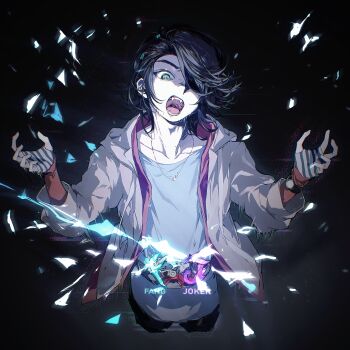 Rule 34 | 1boy, black background, black hair, black hands, blue shirt, colored extremities, commentary, cropped legs, english commentary, english text, fang memory, fangs, fingerless gloves, gaia memory, gloves, green eyes, grey hair, hair over one eye, hanaseto, hands up, highres, jacket, jewelry, kamen rider, kamen rider w, long sleeves, male focus, necklace, open clothes, open jacket, open mouth, philip (kamen rider), rider belt, shirt, short hair, solo, striped clothes, striped gloves, w arms, watch, wristwatch