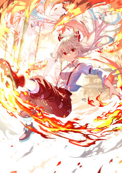 1girl absurdres bamboo boots bow closed_mouth collared_shirt commentary_request fire fujiwara_no_mokou grey_hair hair_bow highres ibushi_roun long_hair long_sleeves looking_at_viewer ofuda ofuda_on_clothes pants pyrokinesis red_boots red_eyes red_pants shirt solo suspenders textless_version touhou very_long_hair white_bow white_shirt