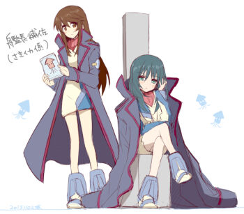 Rule 34 | 10s, 2girls, black hair, blush, boots, brown hair, crossed legs, head rest, jacket, jacket on shoulders, long coat, long hair, long sleeves, minashiro orihime, multiple girls, sakaki tsui, sidelocks, skirt, soukyuu no fafner, squid, tatekami seri, uniform