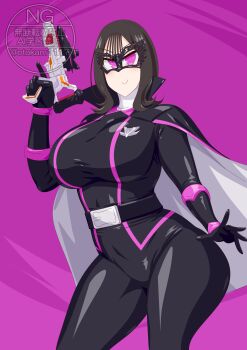 Rule 34 | 1girl, absurdres, bodysuit, brown hair, highres, holding blaster, ichikawa sumino, kaitou sentai lupinranger vs. keisatsu sentai patranger, lupin mask, no.1 sentai gozyuger, no headwear, otokamu, pink eyes, solo, super sentai, weapon