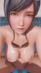 1boy 1girl 3d animated black_hair blue_eyes blue_hair breasts cum dead_or_alive dead_or_alive_xtreme dead_or_alive_xtreme_venus_vacation earrings ejaculation highres jewelry kiss lazyprocrastinator looking_at_viewer multicolored_hair nipples nude outdoors pov reika_(doa) sex streaked_hair swimming_goggles tagme vaginal video