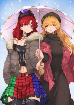 2girls :d absurdres black_collar black_dress black_shirt black_thighhighs blonde_hair blue_skirt breasts chain cleavage closed_mouth clothes_writing collar collarbone commentary_request cowboy_shot curtained_hair dalachi_(headdress) down_jacket dress earrings frilled_skirt frills fur-trimmed_jacket fur_trim gold_chain green_skirt hair_between_eyes hecatia_lapislazuli highres holding holding_umbrella jacket jewelry junko_(touhou) long_hair long_sleeves medium_breasts medium_hair midriff_peek multicolored_skirt multiple_girls navel neold off-shoulder_shirt off_shoulder open_clothes open_jacket open_mouth pink_eyes pink_umbrella red_eyes red_hair red_scarf red_skirt scarf shared_umbrella shirt skirt smile snow snowing standing t-shirt tassel tassel_earrings thighhighs touhou turtleneck turtleneck_dress twitter_username umbrella unzipped very_long_hair wavy_hair zipper_pull_tab
