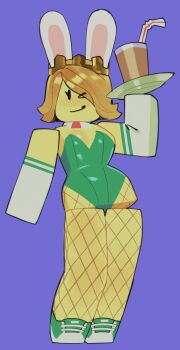 1girl animal_ears blonde_hair breasts detached_collar drinking_straw fishnets full_body glass green_shoes hand_up highres holding holding_plate looking_at_viewer one_eye_closed plate playboy_bunny player_character_(roblox) purple_background rabbit_ears roblox shoes short_hair smile solo wamudraws