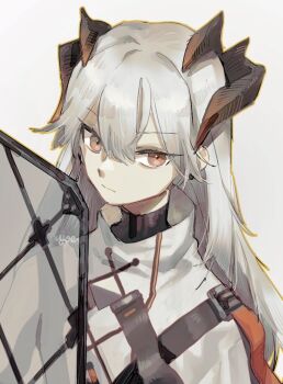 Rule 34 | 1girl, arknights, artist name, black shirt, brown eyes, brown horns, closed mouth, commentary, earrings, expressionless, grey background, grey hair, hair between eyes, horns, jacket, jewelry, long hair, looking at viewer, one-hour drawing challenge, outline, portrait, saria (arknights), shirt, solo, split mouth, turtleneck, ujoe 7hr, white jacket, yellow outline