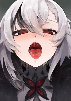 1girl absurdres arlecchino_(genshin_impact) black_eyes black_streaks blush commentary_request dental_filling drooling fatui_coat fur_trim genshin_impact grey_hair hair_between_eyes highres inlay looking_at_viewer medium_hair mouth_focus multicolored_hair open_mouth oral_invitation portrait ramsar realistic_teeth red_pupils saliva saliva_trail solo straight-on streaked_hair symbol-shaped_pupils teeth tongue tongue_out uvula variant_set x-shaped_pupils