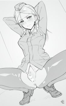 1girl anal blush braid brave_witches censored closed_mouth dutch_angle em_(totsuzen_no_hakike) embarrassed female_pubic_hair forehead hat jacket long_hair looking_at_viewer military military_hat military_uniform monochrome pantyhose pubic_hair pussy shoes solo spread_legs squatting sweat torn_clothes torn_pantyhose twin_braids vesna_mikovic world_witches_series