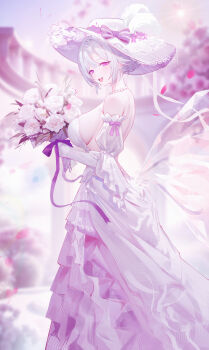 1girl absurdres bare_shoulders blurry blurry_background bouquet bow breasts check_copyright commentary_request copyright_request dress falling_petals flower from_side hat hat_bow highres holding holding_bouquet jianshu large_breasts long_dress looking_at_viewer looking_to_the_side open_mouth original petals pink_petals purple_bow purple_eyes short_hair sidelocks smile solo turning_head white_dress white_hair white_hat