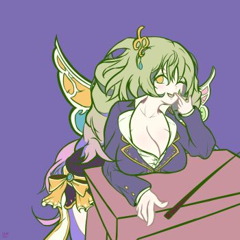 1girl absurdres breasts cleavage fairy_godmother_(gakuen)_(grimms_notes) fairy_godmother_(grimms_notes) grimms_notes highres large_breasts long_hair looking_at_viewer one_eye_closed smaker81 smile solo wings