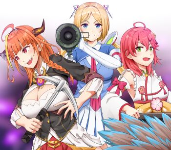 3girls absurdres ahoge aki_rosenthal aki_rosenthal_(1st_costume) bell black_jacket blonde_hair blue_eyes blue_shirt breasts cleavage cleavage_cutout clothing_cutout detached_sleeves dragon_girl dragon_horns green_eyes hair_bell hair_ornament highres holding holding_pickaxe holding_rocket_launcher holding_weapon hololive horns jacket japanese_clothes jingle_bell kimono kiryu_coco kiryu_coco_(1st_costume) large_breasts looking_at_viewer multicolored_hair multiple_girls necktie open_mouth orange_hair pickaxe pink_hair pointy_ears purple_eyes red_necktie red_skirt rocket_launcher sakura_miko sakura_miko_(1st_costume) shirt skirt smile springveiv streaked_hair twintails virtual_youtuber weapon white_kimono white_shirt white_sleeves x_hair_ornament