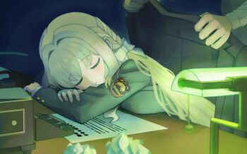 1boy 1girl blue_archive bow closed_eyes clothes_blanket commentary covering_with_blanket crumpled_paper emblem freshd_0325 green_hair hair_bow hair_intakes lamp light_blush long_hair long_sleeves miyo_(blue_archive) multicolored_hair paper sleeping sleeping_on_desk smile solo_focus two-tone_hair typewriter white_bow white_hair wild_hunt_academy_of_arts_logo