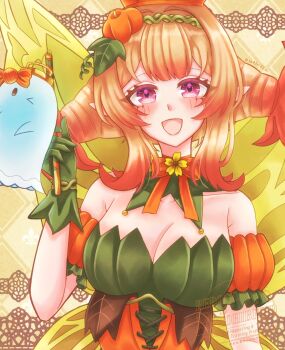 1girl blonde_hair breasts cleavage fairy fairy_wings fire_emblem fire_emblem_heroes ghost halloween halloween_costume highres large_breasts looking_at_viewer nintendo official_alternate_costume peony_(fire_emblem) peony_(fruitful_dream)_(fire_emblem) purple_eyes solo upper_body wings yuria0322