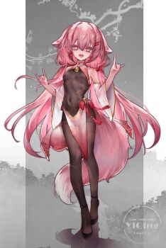 1girl absurdres animal_ears bell blush breasts chinese_clothes covered_navel double_fox_shadow_puppet fang fox_shadow_puppet full_body high_heels highres long_hair looking_at_viewer neck_bell open_mouth original pink_hair pink_tail skin_fang solo standing tail yellow_eyes yinber