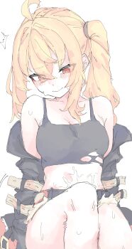 1girl absurdres ahoge arms_at_sides awkward black_jacket black_shorts black_tank_top blonde_hair blush closed_mouth cum cum_on_body cum_on_stomach highres jacket jacket_partially_removed looking_down luciana_de_montefio micro_shorts mocamocaink open_clothes open_jacket red_eyes shorts simple_background sitting smile solo sweat tank_top torn_clothes torn_shorts twintails white_background zenless_zone_zero