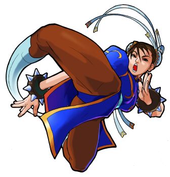 Rule 34 | 1990s (style), 1girl, absurdres, bengus, bracelet, brown eyes, brown hair, brown pantyhose, bun cover, capcom, china dress, chinese clothes, chun-li, double bun, dress, fighting stance, flying kick, game cg, hair bun, highres, jewelry, kicking, looking at viewer, marvel super heroes vs. street fighter, marvel vs. capcom, motion blur, non-web source, official art, open mouth, pantyhose, pelvic curtain, retro artstyle, ribbon, sash, short hair, simple background, solo, spiked bracelet, spikes, street fighter, teeth, thick thighs, thighs, upskirt, white background