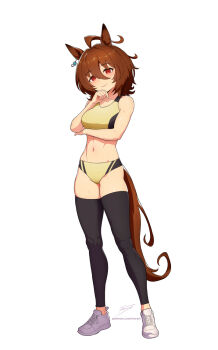 Rule 34 | 1girl, agnes tachyon (umamusume), ahoge, alternate costume, animal ears, arm under breasts, black thighhighs, blush, breasts, brown hair, brown tail, buruma, closed mouth, commentary, english commentary, full body, hair between eyes, horse ears, horse girl, horse tail, huge ahoge, large breasts, long hair between eyes, looking at viewer, medium hair, navel, red eyes, revenantart, shoes, signature, simple background, smile, solo, sports bra, standing, tail, thighhighs, thighs, umamusume, watermark, web address, white background, white shoes, yellow buruma, yellow sports bra