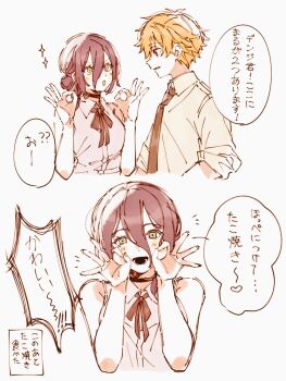 1boy 1girl bare_shoulders black_choker black_necktie black_ribbon blonde_hair blush breasts chainsaw_man choker collared_shirt denji_(chainsaw_man) er1ji6ou2004 green_eyes grenade_pin hair_between_eyes hair_bun medium_breasts medium_hair neck_ribbon necktie ok_sign open_mouth parted_lips purple_hair red_eyes reze_(chainsaw_man) ribbon shirt short_hair sleeveless sleeveless_shirt sleeves_rolled_up smile updo upper_body white_background white_shirt