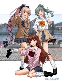 3girls alternate_costume black_bow black_bowtie black_ribbon black_shoes blue_skirt bow bowtie brown_cardigan brown_eyes brown_hair cardigan collared_shirt commentary_request dress_shirt four-finger_heart_hands full_body grey_hair grey_skirt gyaru_v hair_flaps heart heart_hands highres kantai_collection loafers long_hair loose_socks multiple_girls ooi_(kancolle) orange_bow orange_bowtie photo_background pink_hair pink_sweater pleated_skirt ponytail ribbon sasebo shirt shoes skirt socks sorairo_haruka sweater twitter_username v white_shirt white_socks yura_(kancolle) yuubari_(kancolle)