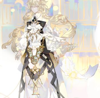 1boy bishounen blonde_hair blue_eyes expressionless feet_out_of_frame frills hair_between_eyes hashtag-only_commentary highres jewelry liulianjingrua long_hair long_sleeves looking_at_viewer male_focus original pants puffy_long_sleeves puffy_sleeves solo wavy_hair white_pants