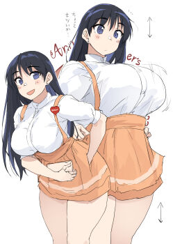 Rule 34 | 1girl, anna miller, arato nagi, black hair, blue eyes, blush, breasts, collared shirt, commentary request, earrings, highres, jewelry, large breasts, long hair, looking at viewer, multiple views, open mouth, orange skirt, ruri no houseki, shirt, short sleeves, sketch, skirt, smile, stud earrings, suspender skirt, suspenders, thighs, translation request, waitress, zekkyon
