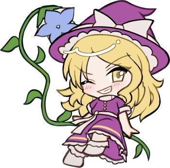 1girl blonde_hair blush bow buttons chibi chibi_only dress flower frilled_dress frills full_body grin hat hat_bow kirisame_marisa kirisame_marisa_(pc-98) leaf long_dress long_hair looking_at_viewer mirei_(miirei) no_shoes one_eye_closed purple_dress purple_hat short_sleeves simple_background sitting smile socks solo touhou touhou_(pc-98) transparent_background white_bow white_socks witch_hat yellow_eyes