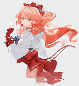 1girl absurdres arknights bad_link bow bubble dress earrings expressionless gloves grey_background hair_bow haruka_(arknights) highres jacket jewelry long_hair looking_at_viewer multicolored_hair orange_hair parted_lips pink_hair pointy_ears red_bow red_eyes red_gloves red_hair simple_background solo watermark weibo_watermark wenquangua white_jacket