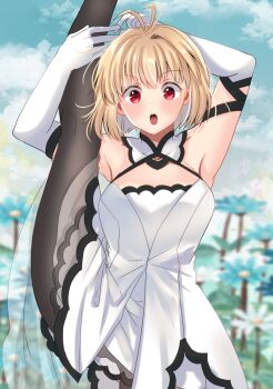 1girl :o ahoge antenna_hair arcueid_brunestud arcueid_brunestud_(clad_in_glacier) armpits artist_request bare_shoulders blonde_hair blush breasts cleavage dress elbow_gloves gloves grabbing_own_leg hair_intakes highres looking_at_viewer official_alternate_costume pantyhose red_eyes short_hair source_request spread_legs standing standing_on_one_leg tsukihime tsukihime_(remake) white_dress white_gloves