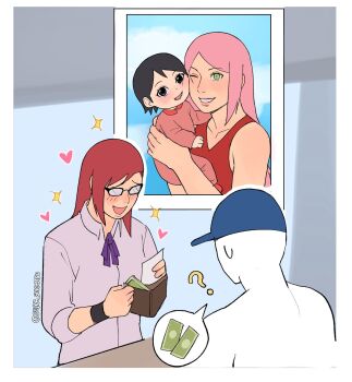 ? aged_down baby baseball_cap black_eyes black_hair blush boruto:_naruto_next_generations cheek-to-cheek dress green_eyes haruno_sakura hat heads_together heart highres holding_person karin_(naruto) lipstick long_hair makeup money mother_and_daughter multiple_girls naruto_(series) one_eye_closed onesie photo_(object) pink_hair purple_shirt red_dress red_hair shirt short_hair smile spoken_question_mark star_(symbol) suika_suigetsu sweatdrop uchiha_sarada wallet wink