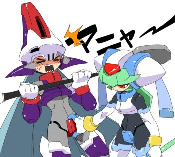 &gt;_&lt; 1boy 1girl aqua_hair armor brother_and_sister closed_eyes commentary_request cowboy_shot crotch_plate forehead_jewel green_hair helmet holding holding_scythe holding_staff long_hair mega_man_(series) mega_man_zx model_w_(mega_man) open_mouth pandora_(mega_man) power_armor prometheus_(mega_man) purple_armor purple_helmet red_eyes scythe sharp_teeth siblings simple_background skull-shaped_hat solo sound_effects staff teeth touching_another&#039;s_crotch white_armor white_background white_helmet yuriyuri_(ccc)