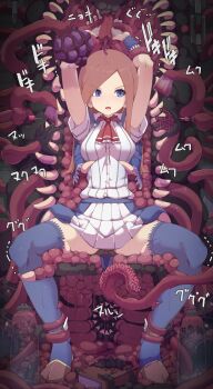 Rule 34 | 1girl, absurdres, ascot, black panties, blue capelet, blue eyes, blue thighhighs, blush, bound, brown hair, capelet, castlevania: portrait of ruin, castlevania (series), charlotte aulin, highres, infraton, long hair, panties, panty peek, red ascot, restrained, shirt, sitting, skirt, tentacles, thighhighs, underwear, variant set, white shirt