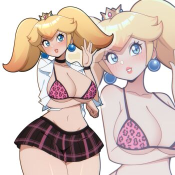 1girl alternate_costume alternate_hairstyle amesuku_gyaru animal_print arm_under_breasts black_choker blonde_hair blue_eyes blush bra breasts choker commentary crown earrings english_commentary gyaru hair_between_eyes highres jewelry kdtwifi kogal large_breasts leopard_print leopard_print_bra looking_at_viewer mario_(series) midriff multiple_views navel nintendo open_clothes open_mouth open_shirt plaid_clothes plaid_skirt princess_peach print_bra school_uniform skirt smile solo sphere_earrings stomach twintails underwear waving