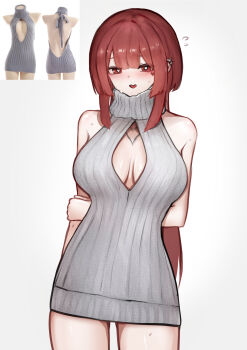 1girl absurdres arms_behind_back blunt_bangs blush breasts bright_pupils cleavage cleavage_cutout clothing_cutout cowboy_shot ear_piercing facial_tattoo flying_sweatdrops grey_sweater heart heart-shaped_mouth heart-shaped_pupils heart_tattoo highres holding_own_arm large_breasts long_hair looking_at_viewer open_mouth original piercing red_eyes red_hair reference_inset simple_background sleeveless sleeveless_sweater smile solo sweat sweater symbol-shaped_pupils tattoo turtleneck turtleneck_sweater virgin_killer_sweater wawamachi white_background white_pupils