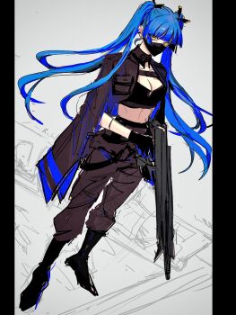 1girl black_boots black_gloves black_jacket black_pants blue_hair blunt_bangs boots breasts character_request cleavage copyright_request crop_top dutch_angle full_body gloves grey_background gun highres holding holding_gun holding_weapon jacket long_hair looking_at_viewer mask medium_breasts midriff mouth_mask open_clothes open_jacket pants pillarboxed sketch solo teeniika twintails weapon yellow_eyes