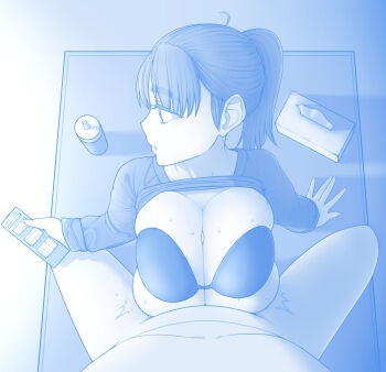 1boy 1girl ahoge bra breasts cleavage clothed_paizuri ekz_(robotekz) highres huge_breasts large_breasts long_hair looking_to_the_side monochrome open_mouth original paizuri ponytail pov sweat tagme underwear