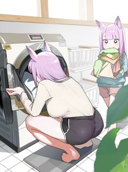 2girls absurdres aged_up animal_ears black_shorts blue_eyes blue_ribbon child commentary_request family family_bonding highres horse_ears horse_girl korean_commentary laundry long_hair ludus_mio mejiro_mcqueen_(umamusume) mother_and_daughter multiple_girls purple_hair ribbon short_shorts shorts smile sweater thighs umamusume washing_machine