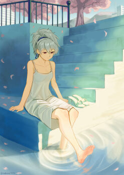 1girl absurdres arm_support arms_at_sides barefoot blue_ribbon breasts brown_eyes building cherry_blossoms closed_mouth collarbone darker_than_black day dress expressionless falling_petals feet full_body grey_dress grey_hair hair_between_eyes hair_ribbon highres long_hair looking_down makano_(user_zpua3342) outdoors petals petals_on_liquid ponytail railing red_eyes ribbon ripples shoes sitting sleeveless sleeveless_dress small_breasts soaking_feet soles solo spaghetti_strap stairs toes tree twitter_username unworn_shoes water white_dress yin_(darker_than_black)